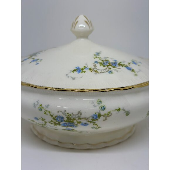 VTG Pope Gosser Fleurette Covered 5.5"x9.5" Vegetable Dish Blue Floral Gold Trim - Picture 2 of 10